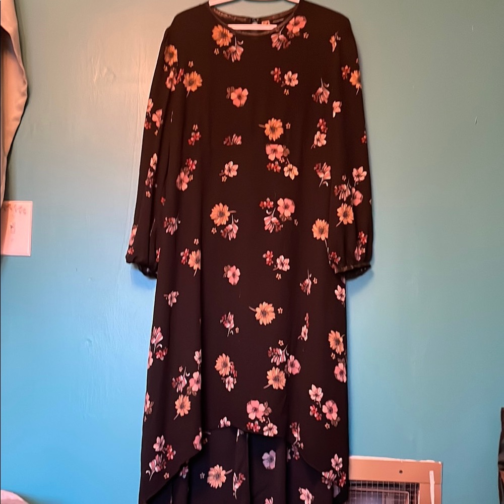 Black and Pink Long Sleeve Sundress with Bishop Sleeves